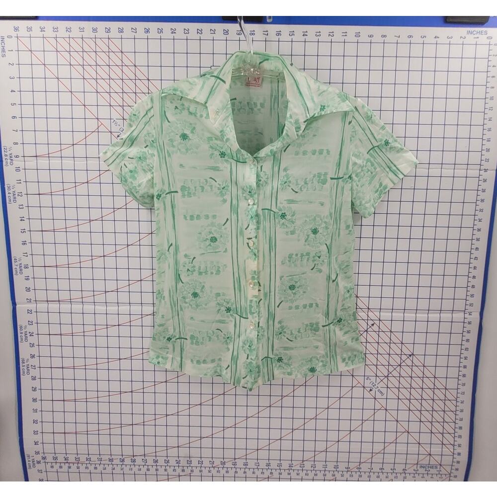 Vintage Graff Green Floral Short Sleeve Blouse Single Stitch Button Down‎ Top - Picture 5 of 12